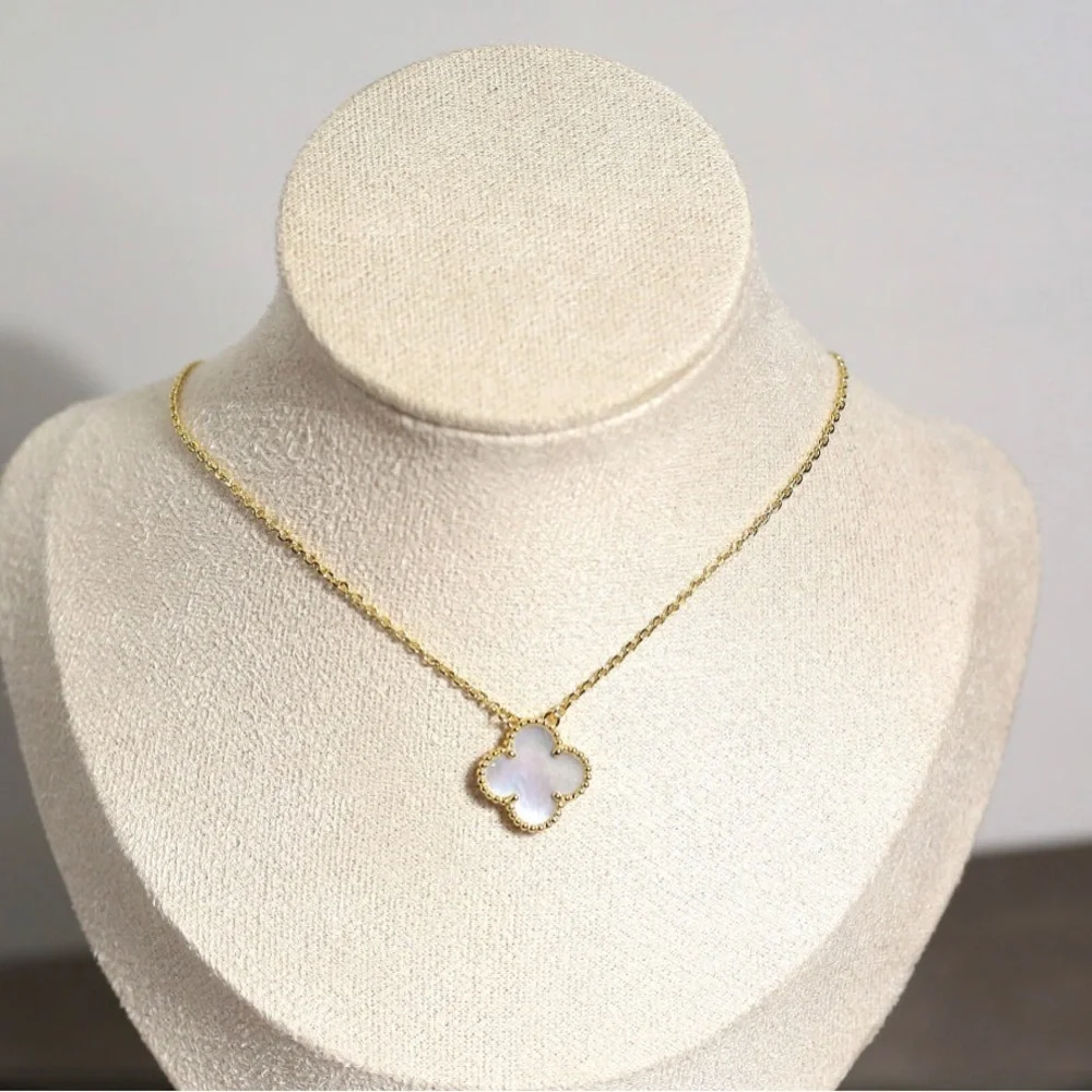 Alhambra Style Gold and White Clover Pendant Necklace